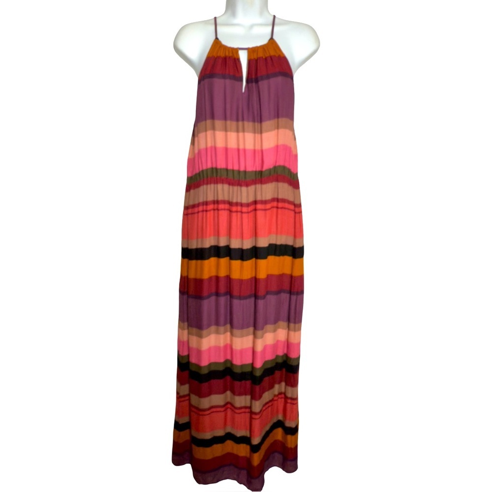LOFT Striped Halter Maxi Dress - Boho Summer Resort Wear - Size 12 - Picture 4 of 9